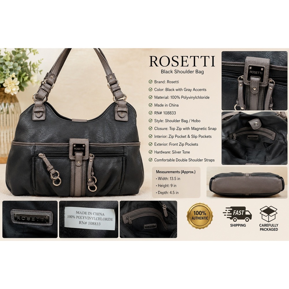 Rosetti Black Taupe Faux Leather Shoulder Bag Hobo Purse Multi Pocket RN 108833